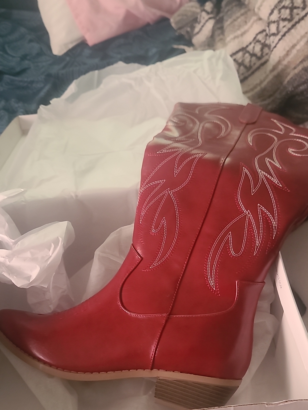 Women's Red Western-Inspired Mid-Calf Heeled Boots